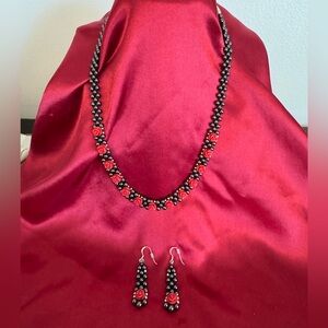 Red Jasper Roses and Black Hematite Beads Necklace and Earrings EC Hawaii
